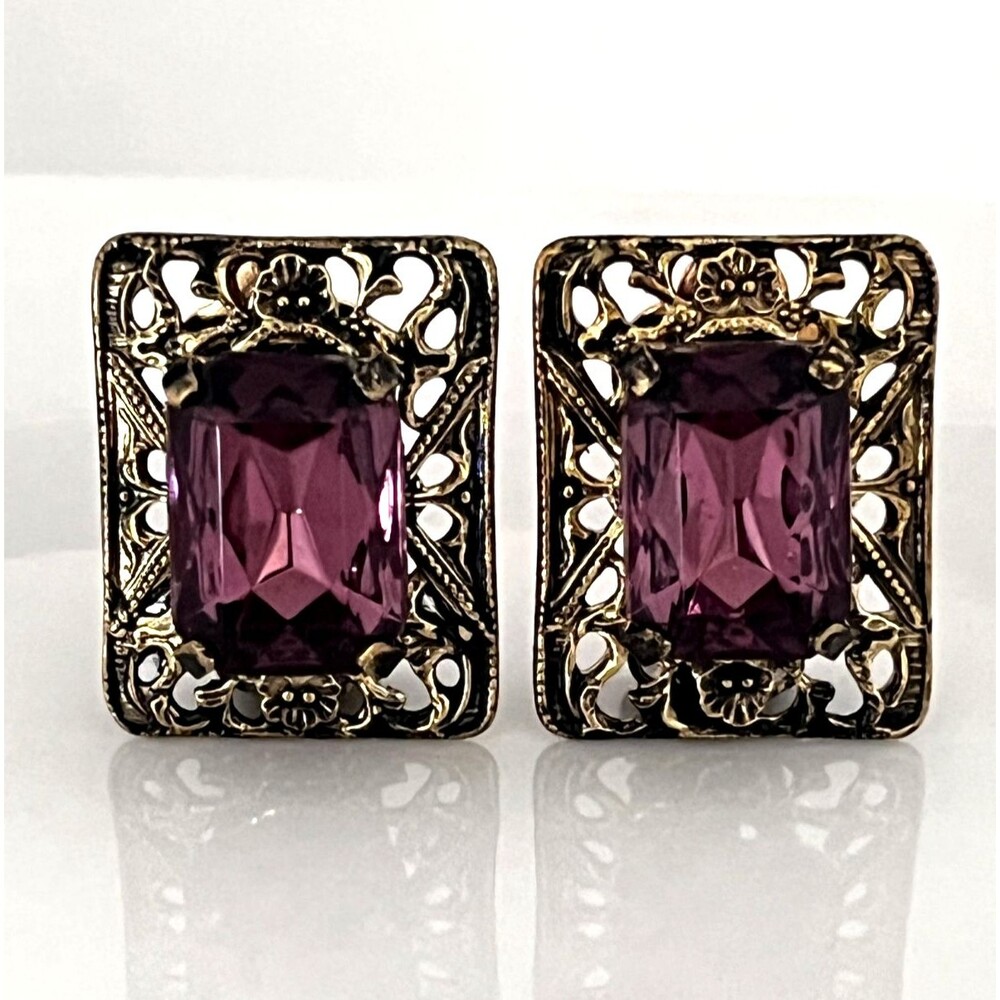 Vintage 1950s Clip Earrings Art Deco Revival Purple Czech Glass Mid Century - 4W